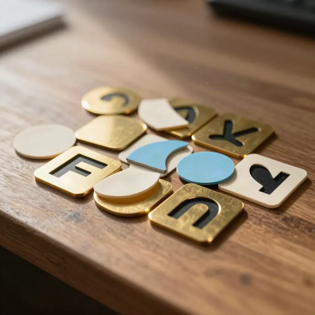 Brass, paper, and black acetate logo tokens clustered on a walnut bench.