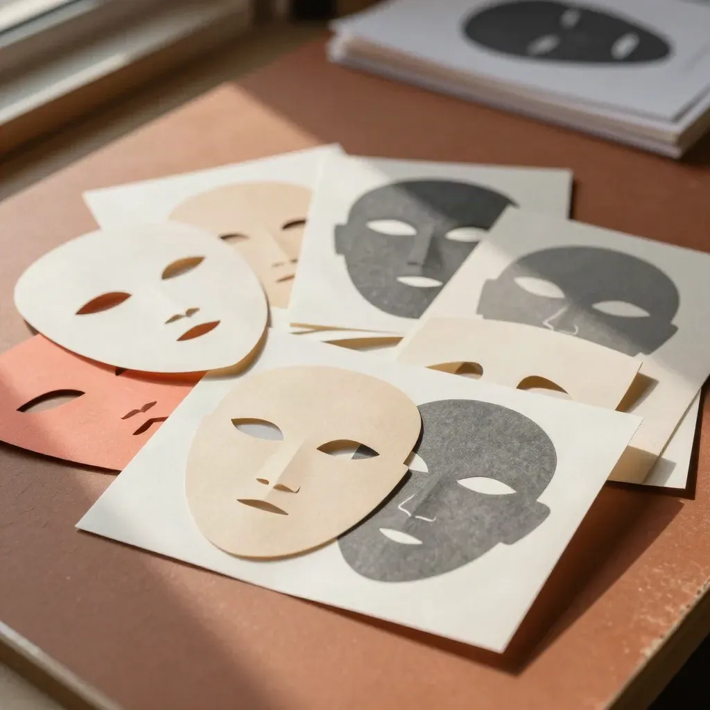 Tilted overhead of paper face studies, cut-paper masks, and coral shape cards on a cream studio surface.