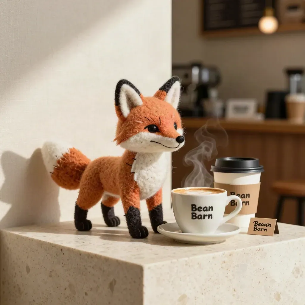 Felt fox mascot beside coffee cups and sign mockups in warm daylight.