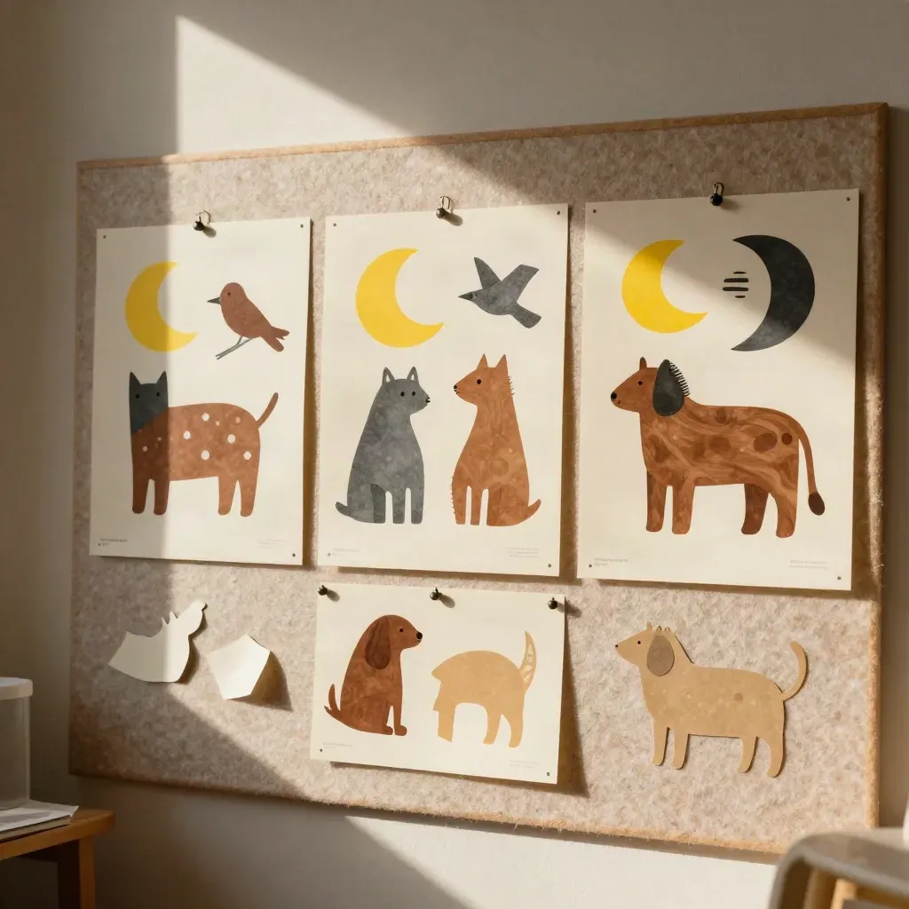 Three abstract poster prints with animals and shapes pinned on a felt board in warm studio light.