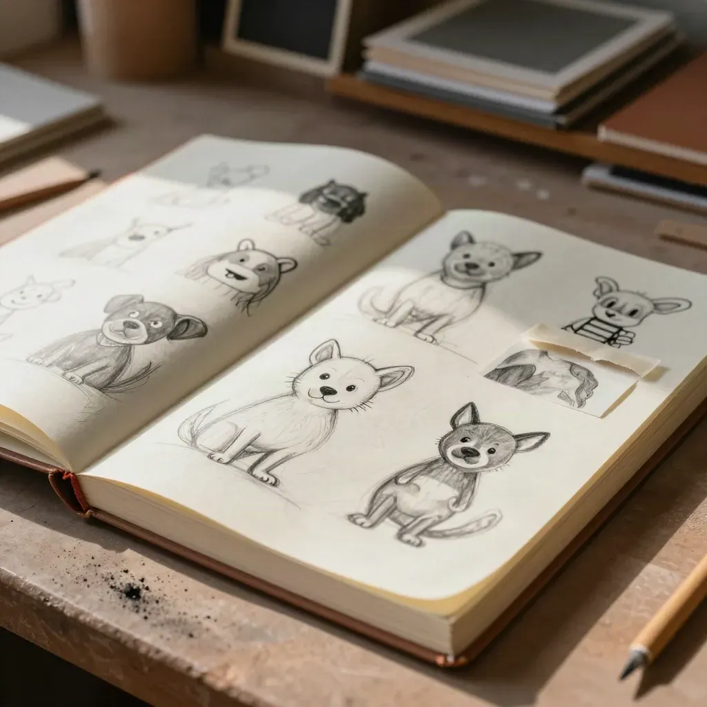 Open sketchbook with mascot studies, shape doodles, color tests, and tracing paper in a moody studio.