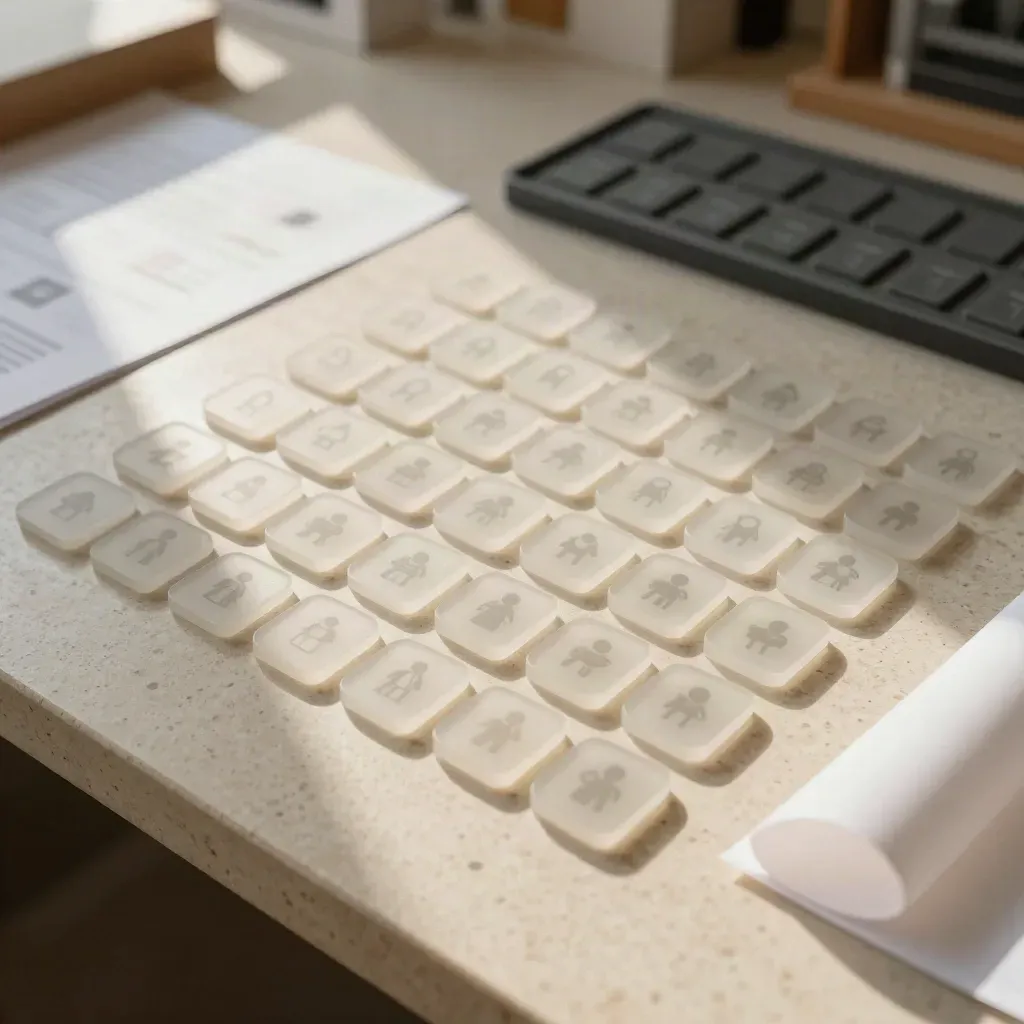 Top-down macro of acrylic app icon tiles and paper proofs settling into a final grid.