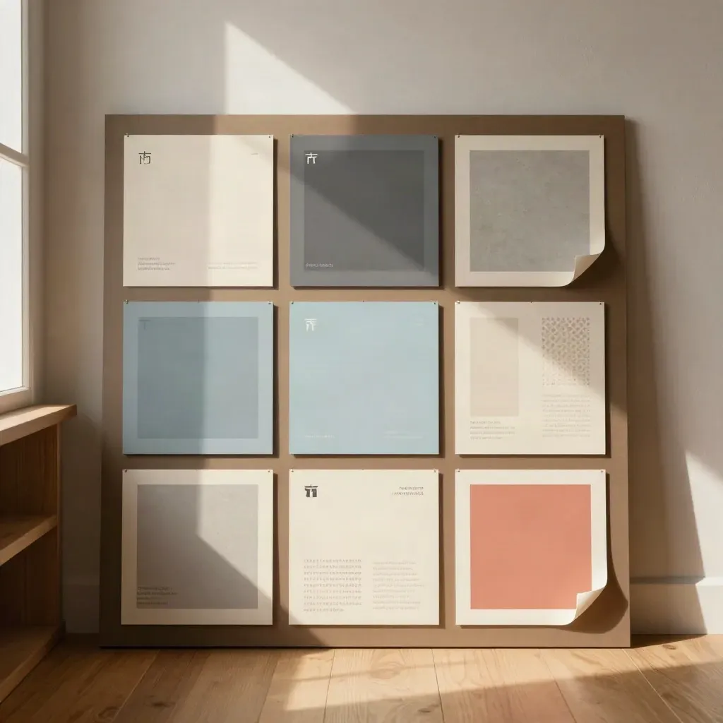 Nine social post mockups on a matte board in a warm studio corner, lit by afternoon window light.