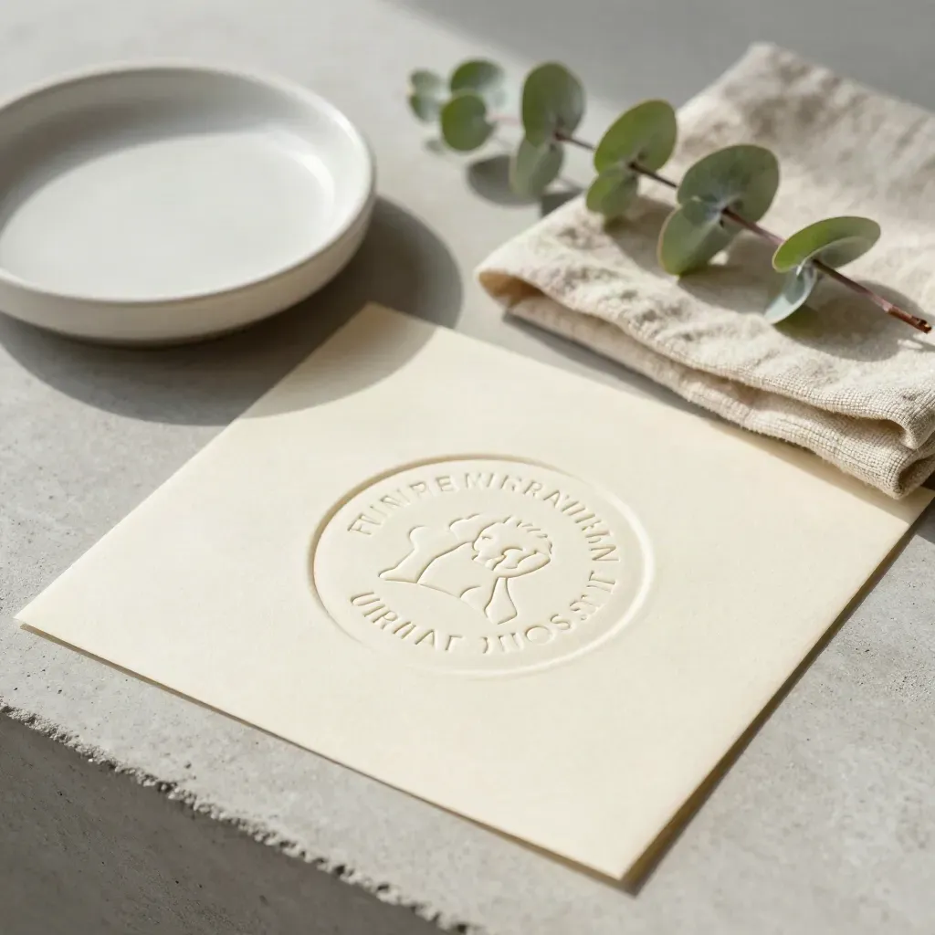 Top-down cream paper logo seal with ceramic dish, linen fold and eucalyptus sprig