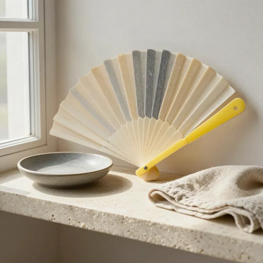 Color chips fanned beside a ceramic dish and folded cloth on a stone shelf.