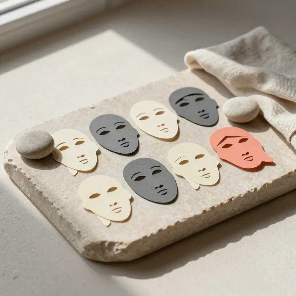 Paper face shapes on a stone tray with pebbles and folded linen
