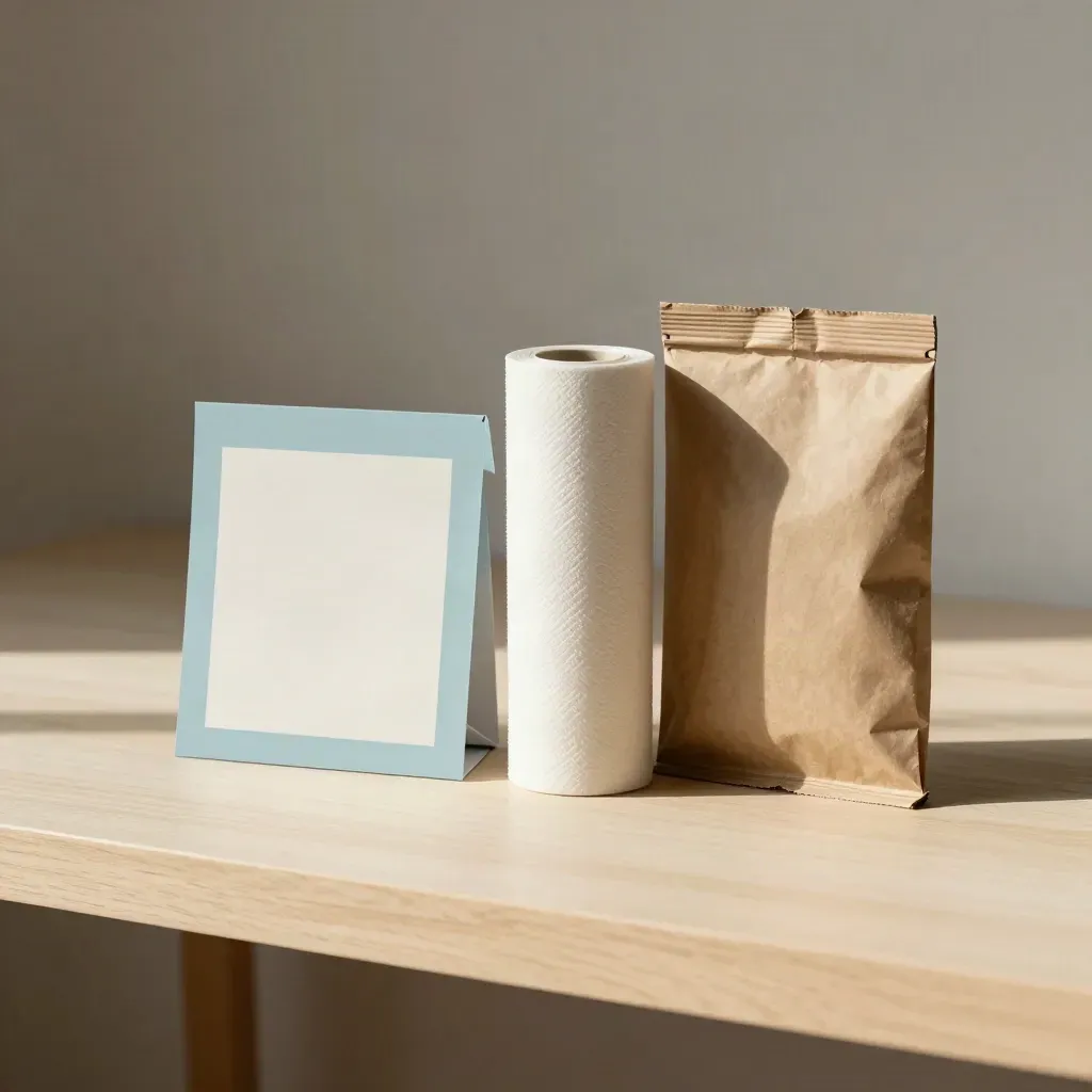Half-assembled carton sleeve mockup, tissue roll, and kraft mailer on pale wood with sky-blue accent.